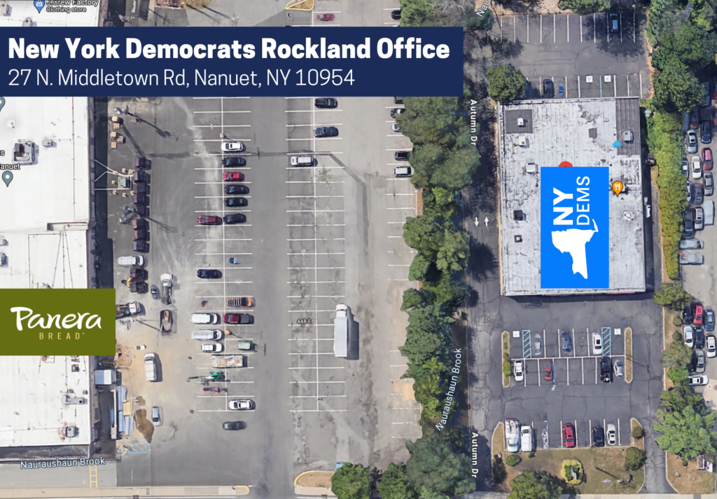 Picture of overhead google maps view of office location. Shows Middletown Road Plaza with NY Dems logo at 27 North Middletown Road, Nanuet, NY 10954.